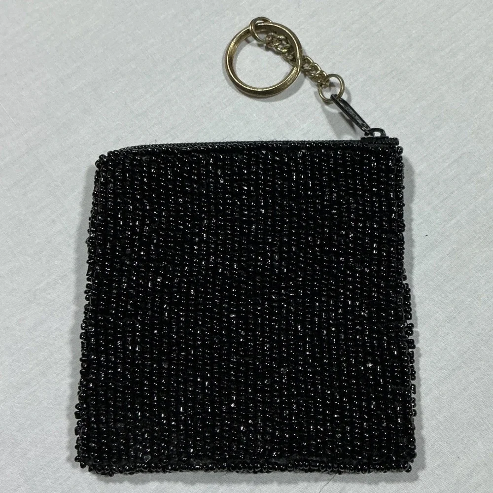 Hand Beaded Sequin Bacon‎ Coin Purse Keychain Black Zipper Pouch Novelty